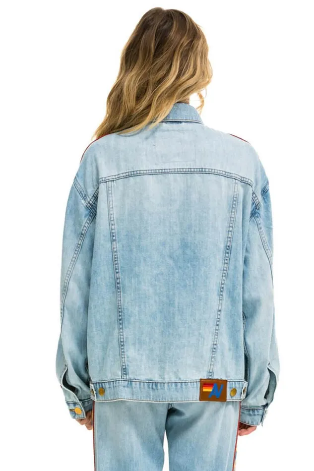 Women Denim Aviator Nation BOLT STRIPE OVERSIZED CONCERT DENIM JACKET 8211 SUPER LIGHT