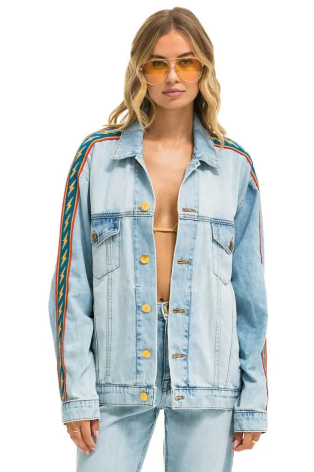 Women Denim Aviator Nation BOLT STRIPE OVERSIZED CONCERT DENIM JACKET 8211 SUPER LIGHT