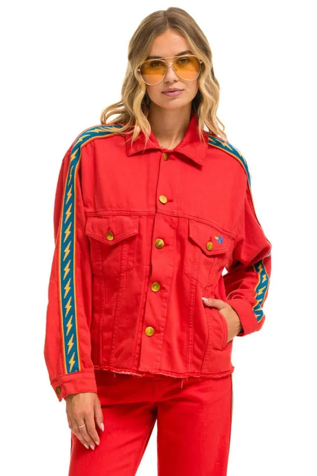 Women Denim Aviator Nation BOLT STRIPE OVERSIZED CUTOFF DENIM JACKET 8211 RED