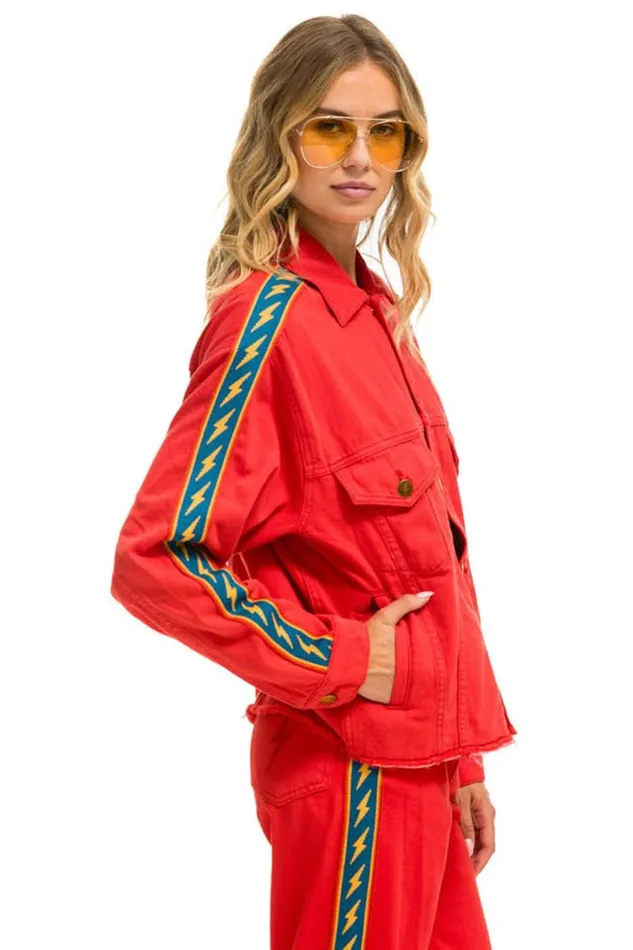 Women Denim Aviator Nation BOLT STRIPE OVERSIZED CUTOFF DENIM JACKET 8211 RED Women Denim Aviator Nation BOLT STRIPE OVERSIZED CUTOFF DENIM JACKET 8211 RED
