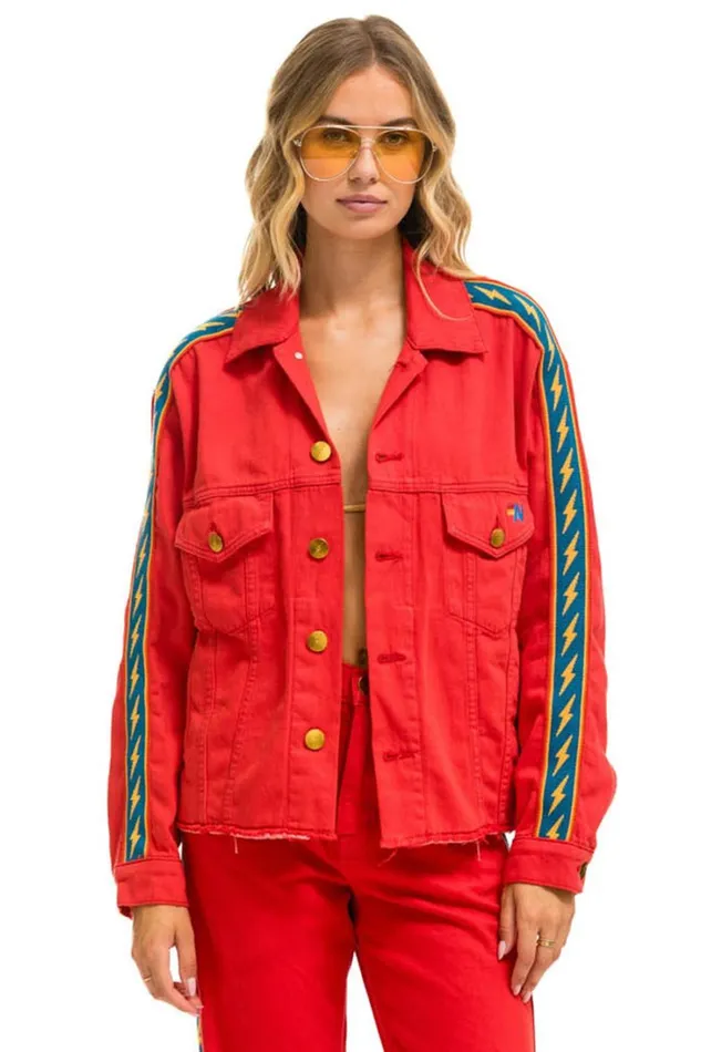 Women Denim Aviator Nation BOLT STRIPE OVERSIZED CUTOFF DENIM JACKET 8211 RED Women Denim Aviator Nation BOLT STRIPE OVERSIZED CUTOFF DENIM JACKET 8211 RED