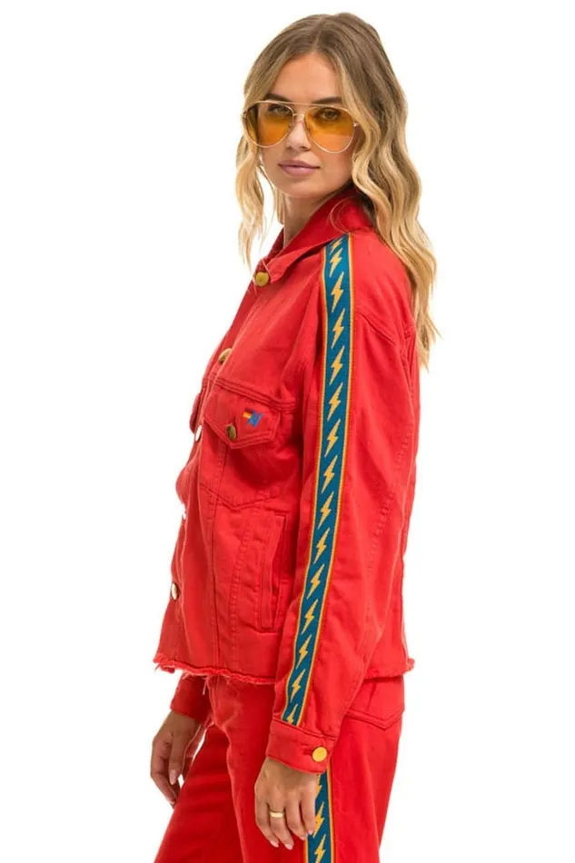 Women Denim Aviator Nation BOLT STRIPE OVERSIZED CUTOFF DENIM JACKET 8211 RED Women Denim Aviator Nation BOLT STRIPE OVERSIZED CUTOFF DENIM JACKET 8211 RED