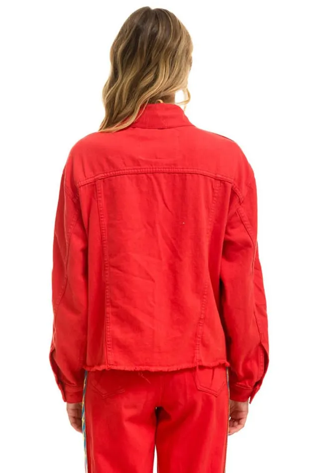 Women Denim Aviator Nation BOLT STRIPE OVERSIZED CUTOFF DENIM JACKET 8211 RED Women Denim Aviator Nation BOLT STRIPE OVERSIZED CUTOFF DENIM JACKET 8211 RED