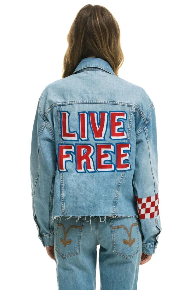Women Denim Aviator Nation LIVE FREE OVERSIZED CROP DENIM JACKET 8211 SUPER LIGHT