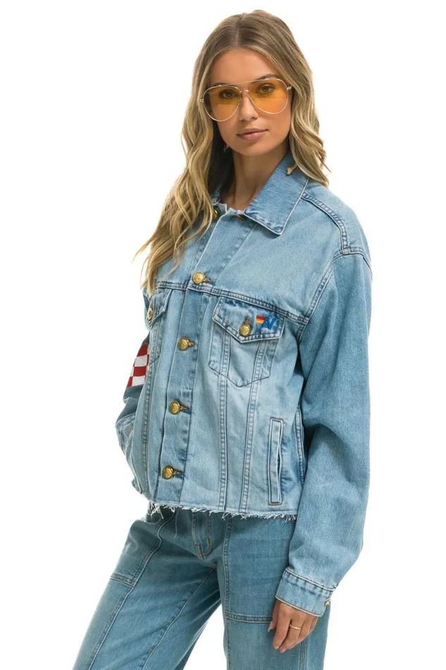 Women Denim Aviator Nation LIVE FREE OVERSIZED CROP DENIM JACKET 8211 SUPER LIGHT