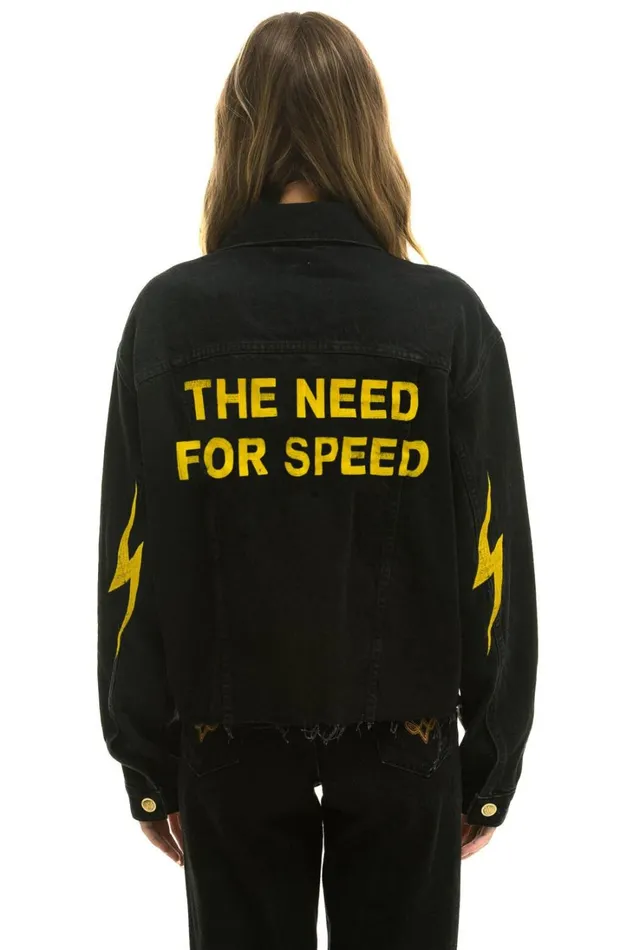 Women Denim Aviator Nation NEED FOR SPEED OVERSIZED CROP DENIM JACKET 8211 VINTAGE BLACK