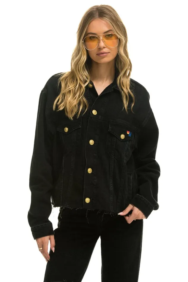 Women Denim Aviator Nation NEED FOR SPEED OVERSIZED CROP DENIM JACKET 8211 VINTAGE BLACK