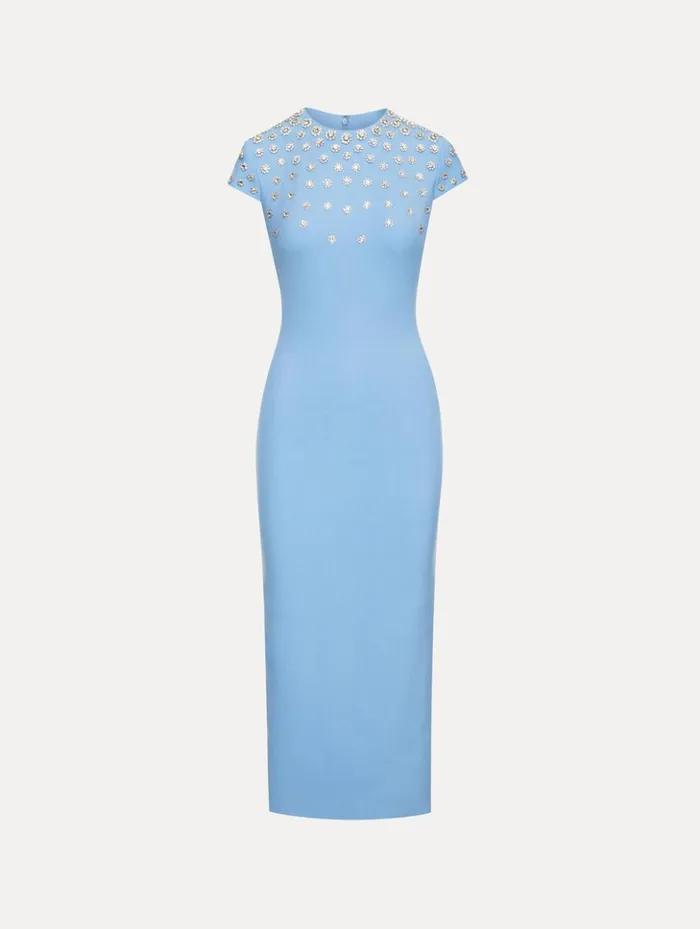 Women Dresses Oscar De La Renta Crystal Embroidered Cap Sleeve Dress Pastel Blue