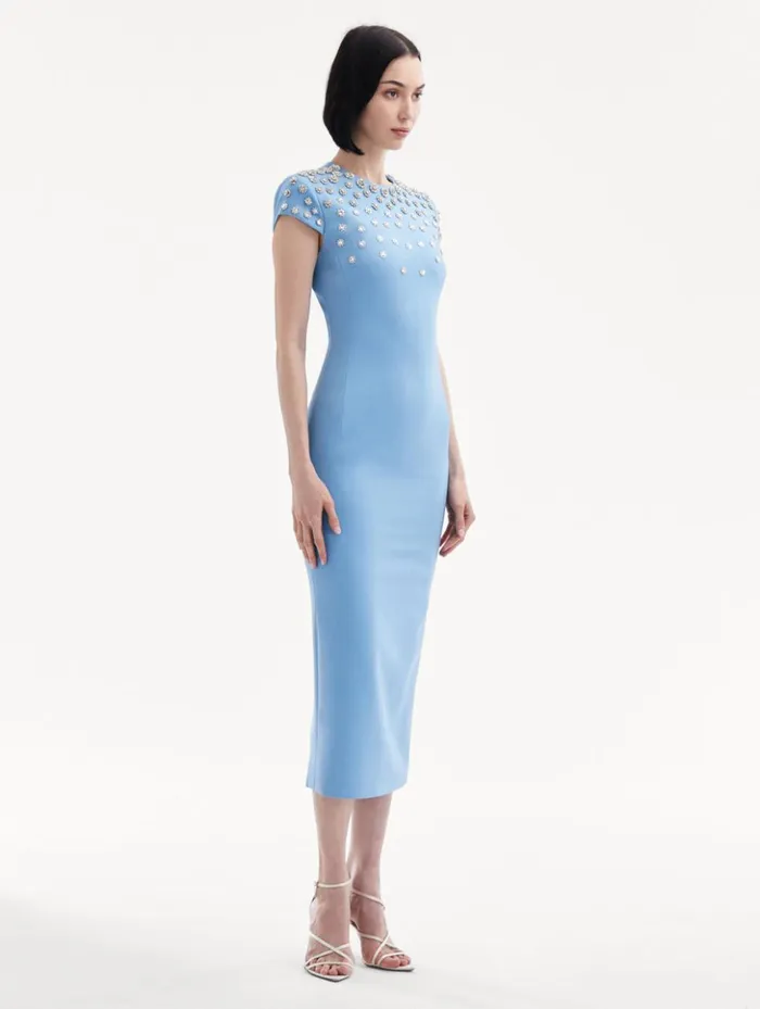 Women Dresses Oscar De La Renta Crystal Embroidered Cap Sleeve Dress Pastel Blue Women Dresses Oscar De La Renta Crystal Embroidered Cap Sleeve Dress Pastel Blue