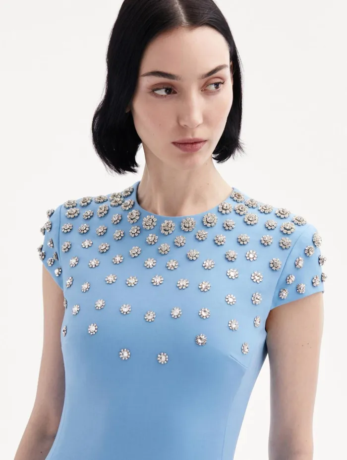 Women Dresses Oscar De La Renta Crystal Embroidered Cap Sleeve Dress Pastel Blue Women Dresses Oscar De La Renta Crystal Embroidered Cap Sleeve Dress Pastel Blue