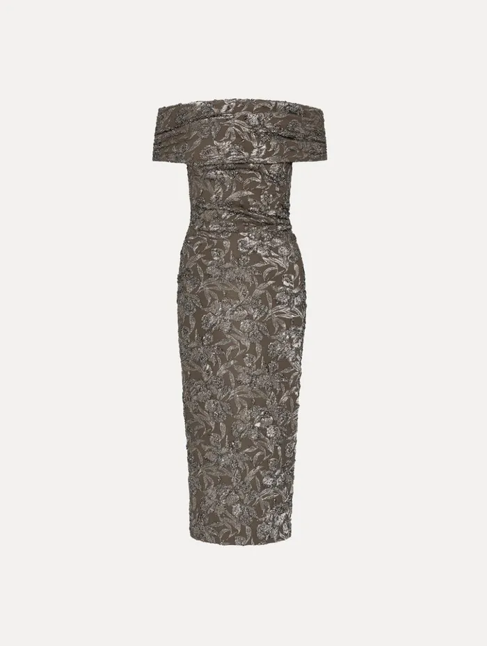 Women Dresses Oscar De La Renta Metallic Orchid Jacquard Cocktail Dress Truffle Brass