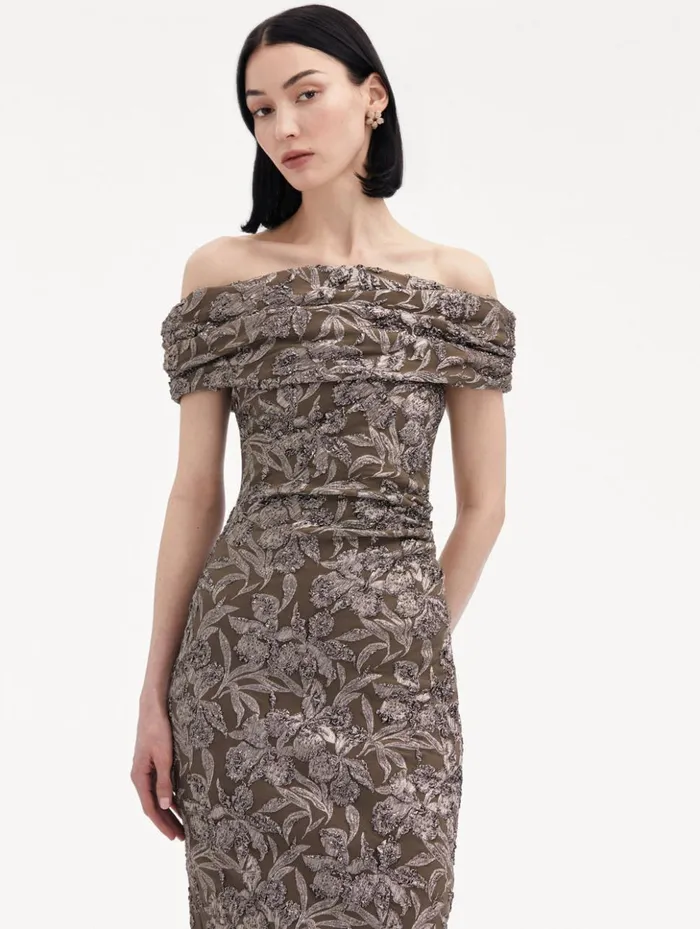 Women Dresses Oscar De La Renta Metallic Orchid Jacquard Cocktail Dress Truffle Brass Women Dresses Oscar De La Renta Metallic Orchid Jacquard Cocktail Dress Truffle Brass