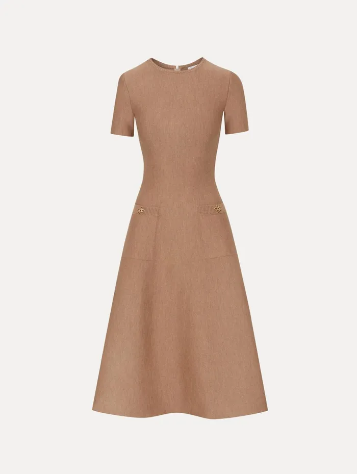 Women Dresses Oscar De La Renta O Flower Knit Midi Dress Cafe Au Lait