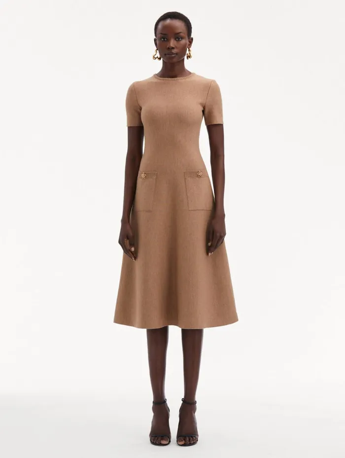 Women Dresses Oscar De La Renta O Flower Knit Midi Dress Cafe Au Lait Women Dresses Oscar De La Renta O Flower Knit Midi Dress Cafe Au Lait