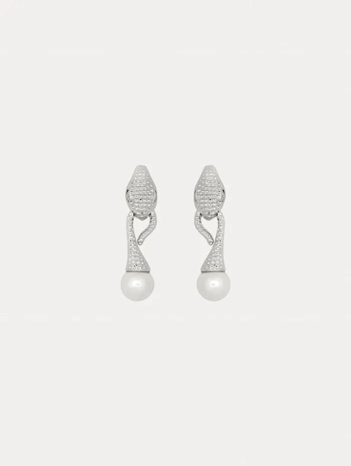 Women Earrings Oscar De La Renta Snake Pearl Drop ClipOn Earrings Silver