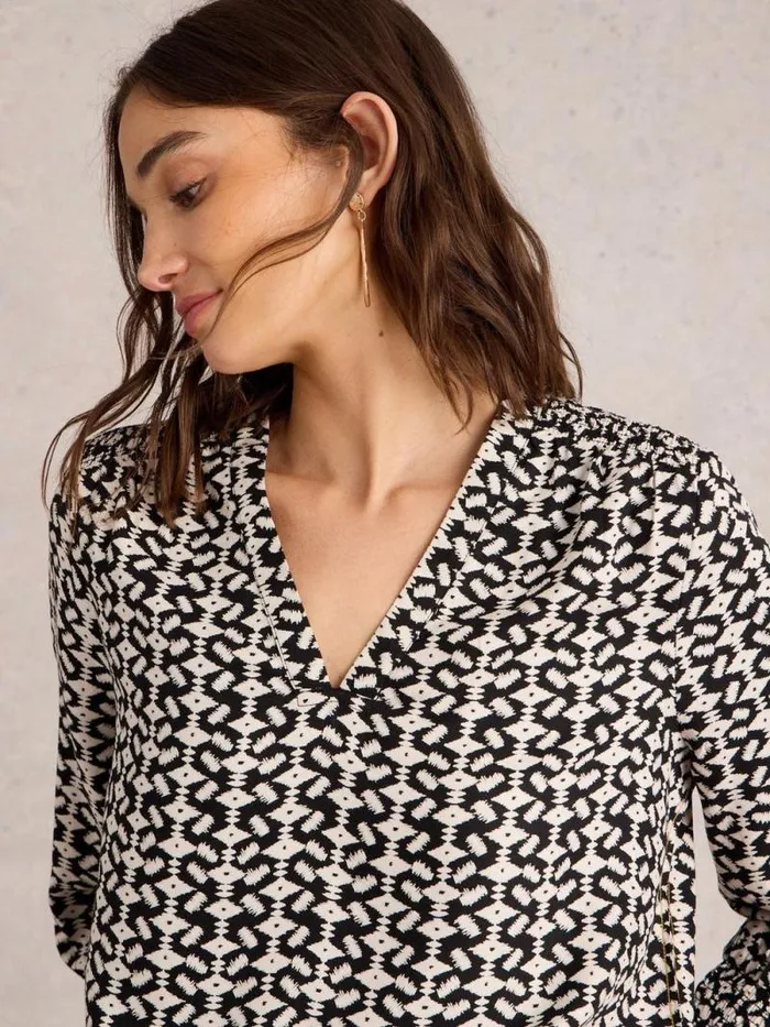 Women Elisa Mid Sleeve V Neck Top Black Print White Stuff Tops and Tees