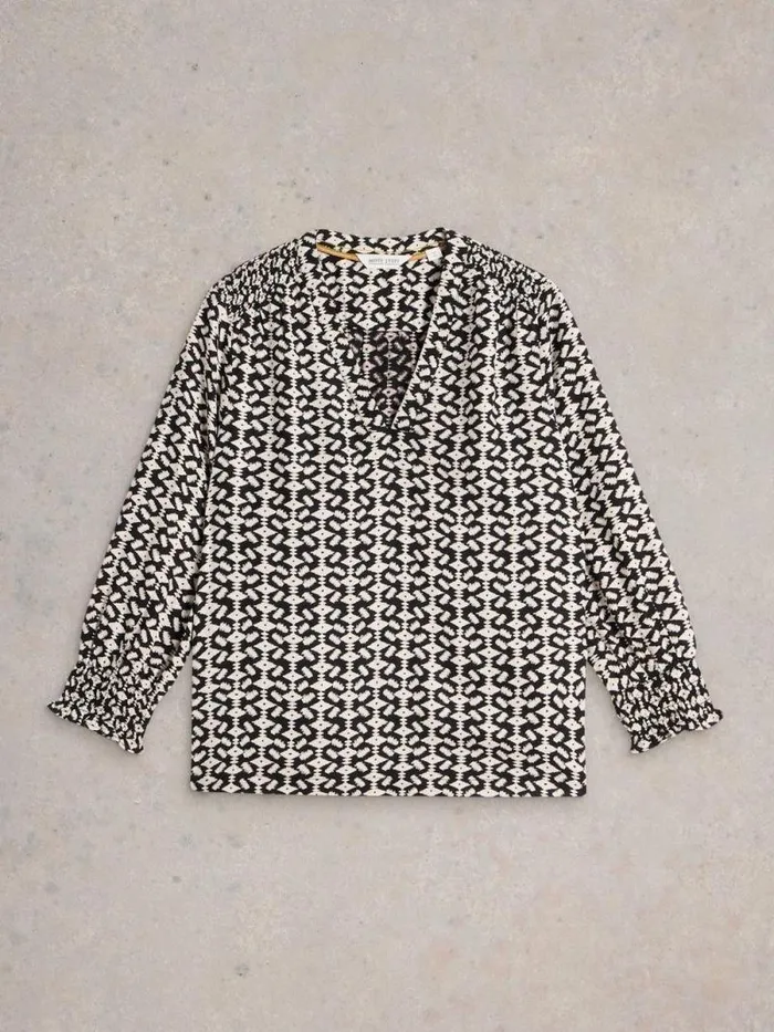 Women Elisa Mid Sleeve V Neck Top Black Print White Stuff Tops and Tees