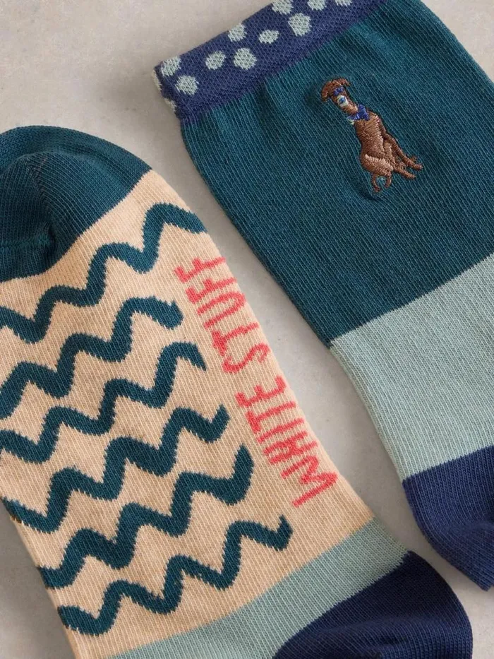 Women Embroidered Dog Ankle Sock Teal Multi White Stuff Socks