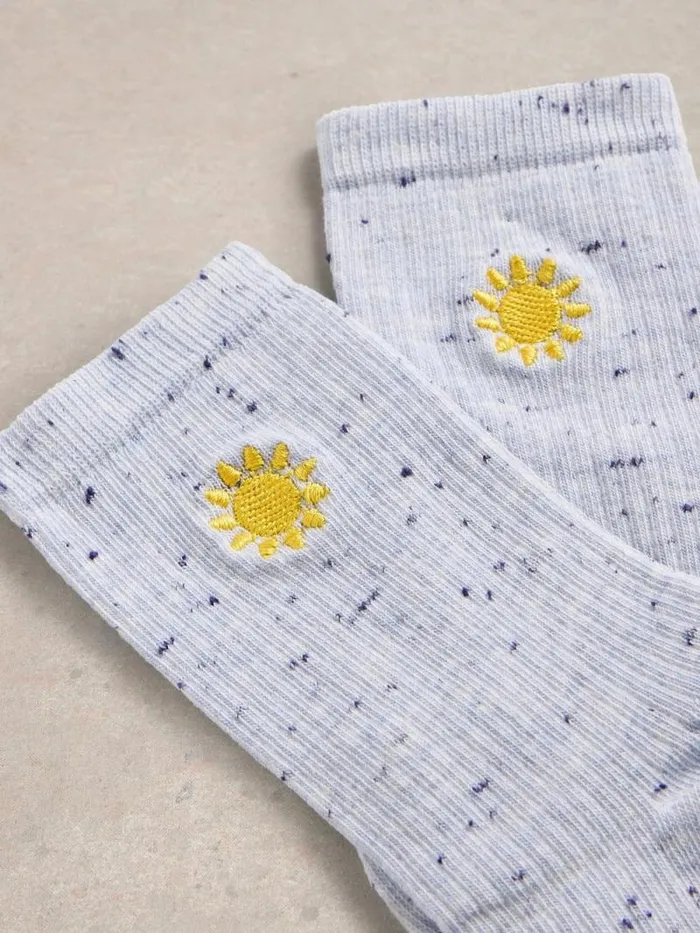Women Embroidered Nep Ankle Sock Light Blue White Stuff Socks