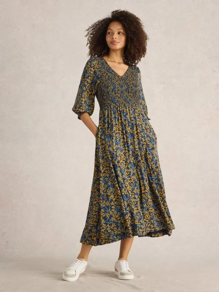 Women Emily Shirred Jersey Midi Dress Navy Print White Stuff Dresses