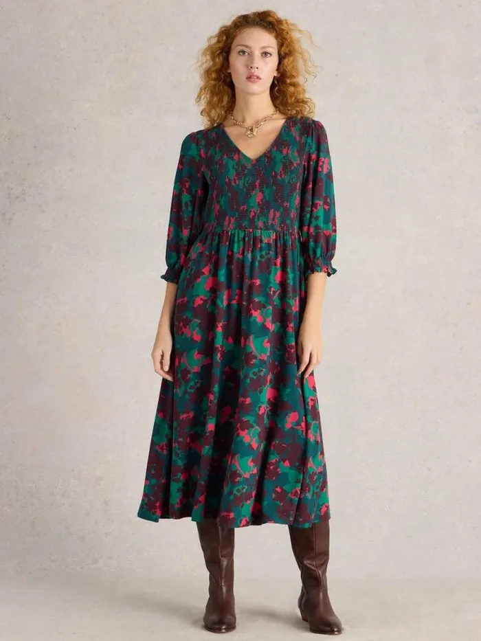 Women Emily Shirred Jersey Midi Dress Plum Multi White Stuff Party Dresses