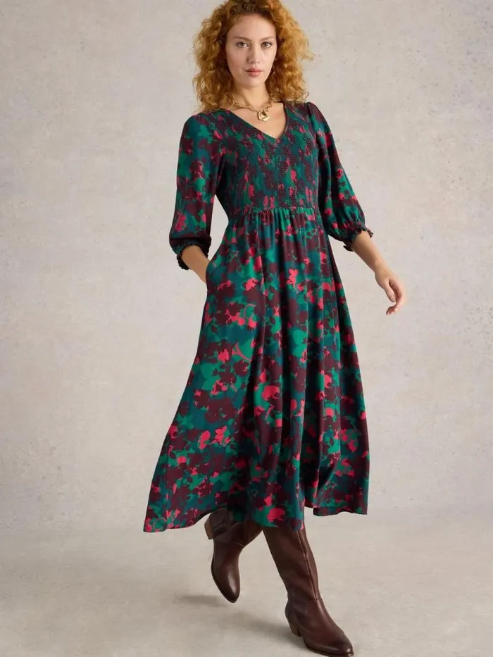 Women Emily Shirred Jersey Midi Dress Plum Multi White Stuff Party Dresses Women Emily Shirred Jersey Midi Dress Plum Multi White Stuff Party Dresses