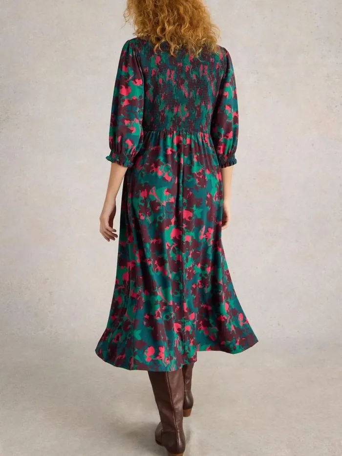 Women Emily Shirred Jersey Midi Dress Plum Multi White Stuff Party Dresses Women Emily Shirred Jersey Midi Dress Plum Multi White Stuff Party Dresses