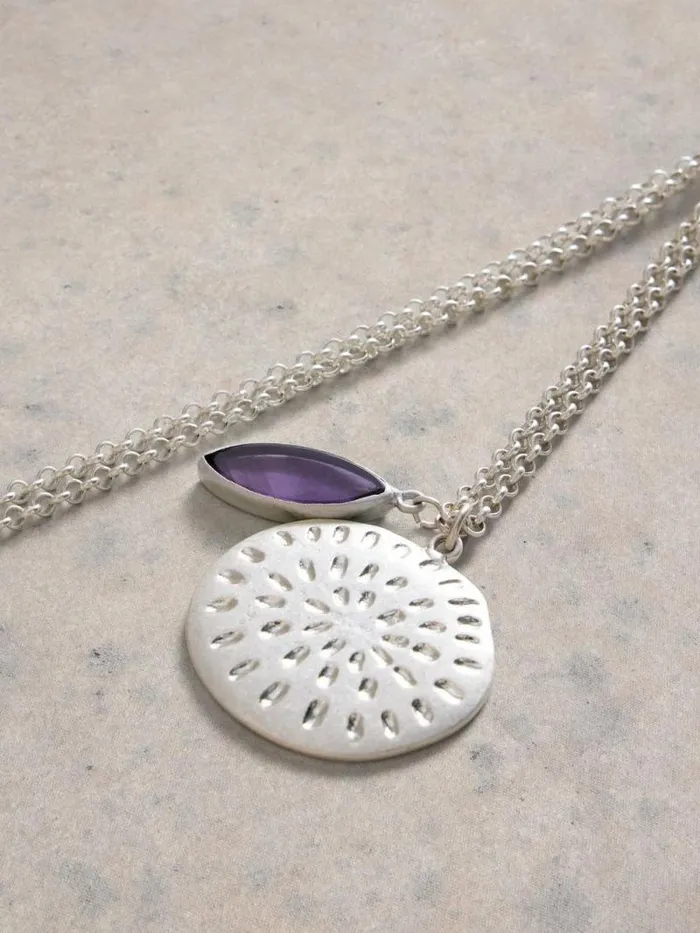 Women Engraved Disc Pendant Necklace Silver Tone Metallic White Stuff Jewellery