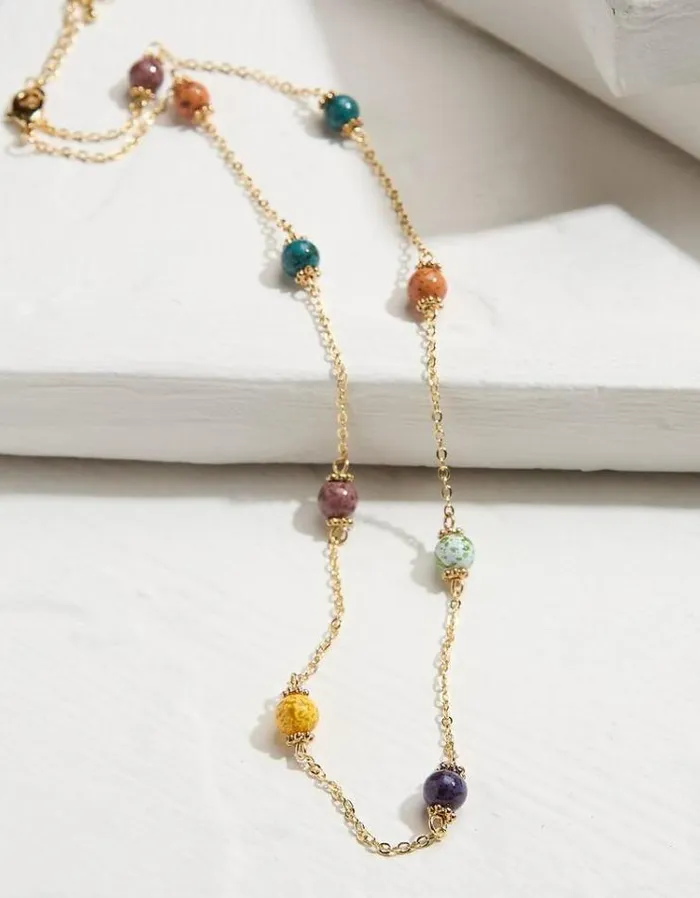 Women FatFace Jewelry Ceramic Bead Chain Necklace Bright Green