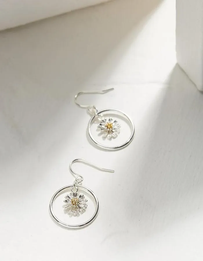 Women FatFace Jewelry Daisy Drop Earrings Silver