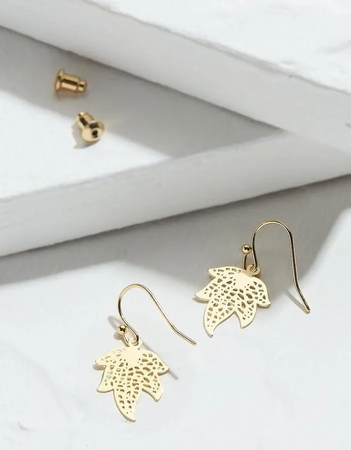 Women FatFace Jewelry Filagree Leaf Drop Earrings Gold