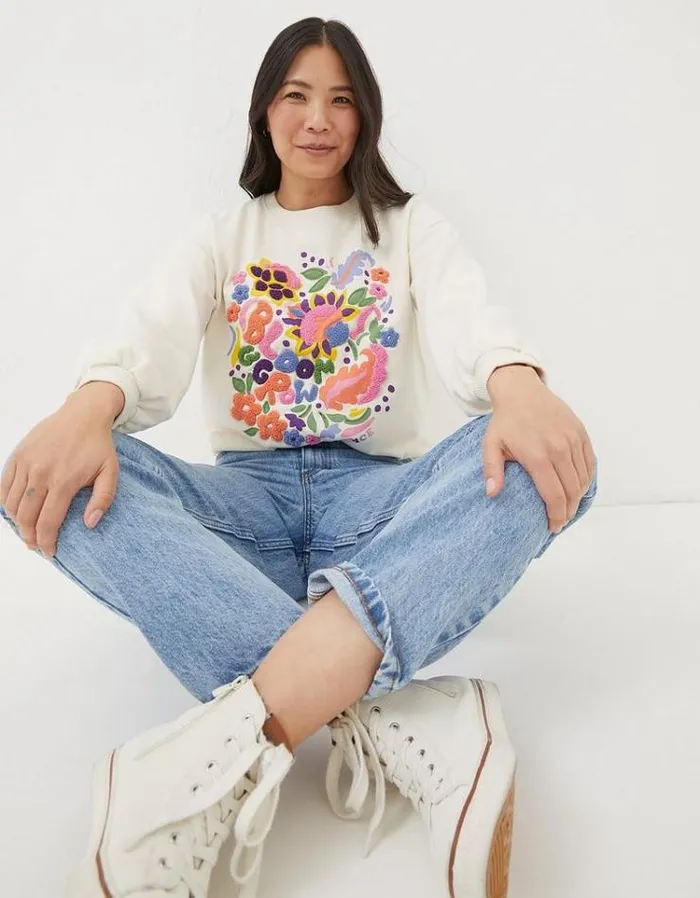 Women FatFace Sweatshirts and Hoodies Alex Art Floral Crew Sweatshirt Ivory