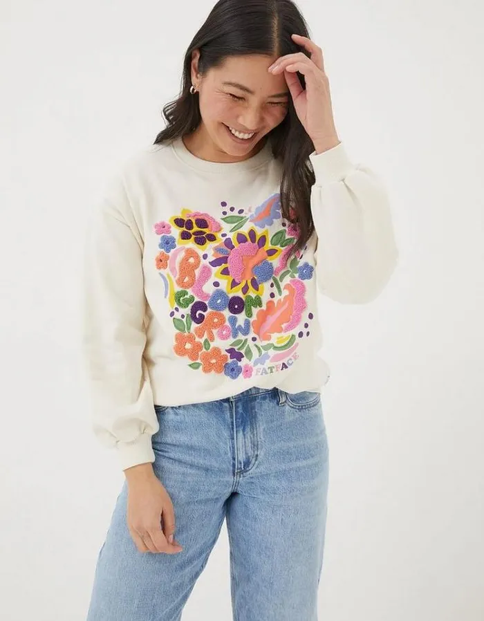 Women FatFace Sweatshirts and Hoodies Alex Art Floral Crew Sweatshirt Ivory