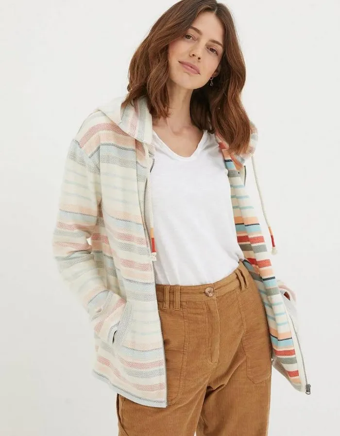 Women FatFace Sweatshirts and Hoodies Daisy Textured Zip Through Hoodie Multi