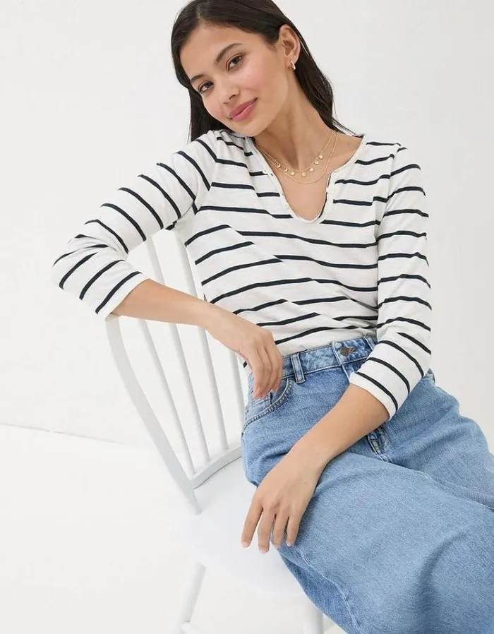 Women FatFace Tops and TShirts Organic Cotton Porter Stripe T Shirt White