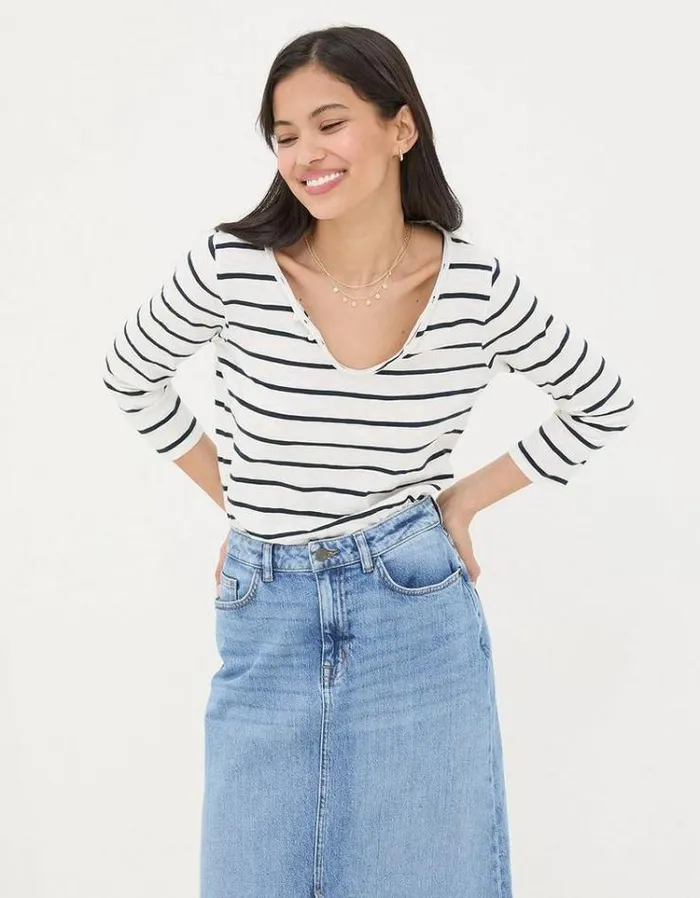 Women FatFace Tops and TShirts Organic Cotton Porter Stripe T Shirt White