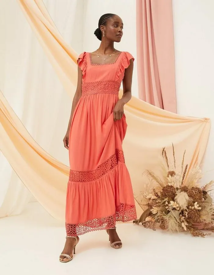 Women FatFace Vacation Shop Hibiscus Lace Maxi Dress Coral Pink
