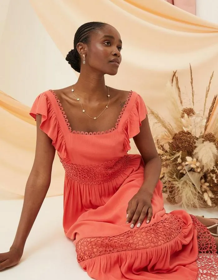 Women FatFace Vacation Shop Hibiscus Lace Maxi Dress Coral Pink