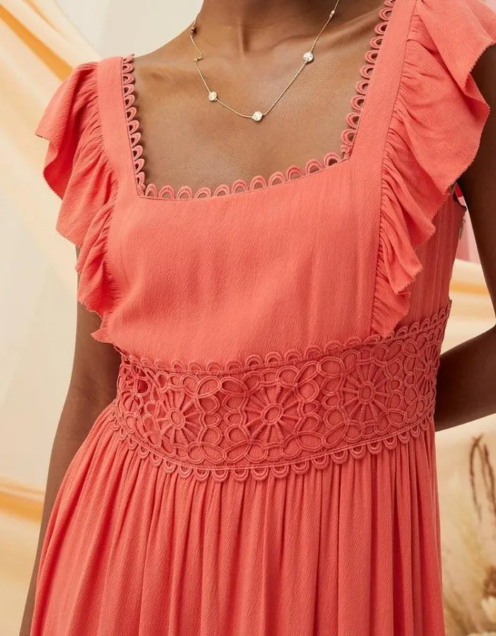 Women FatFace Vacation Shop Hibiscus Lace Maxi Dress Coral Pink