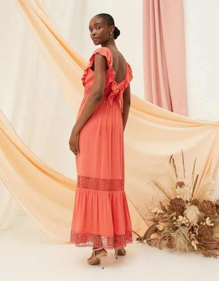 Women FatFace Vacation Shop Hibiscus Lace Maxi Dress Coral Pink