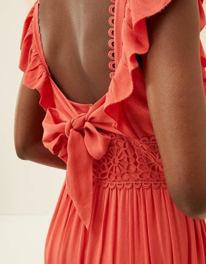 Women FatFace Vacation Shop Hibiscus Lace Maxi Dress Coral Pink