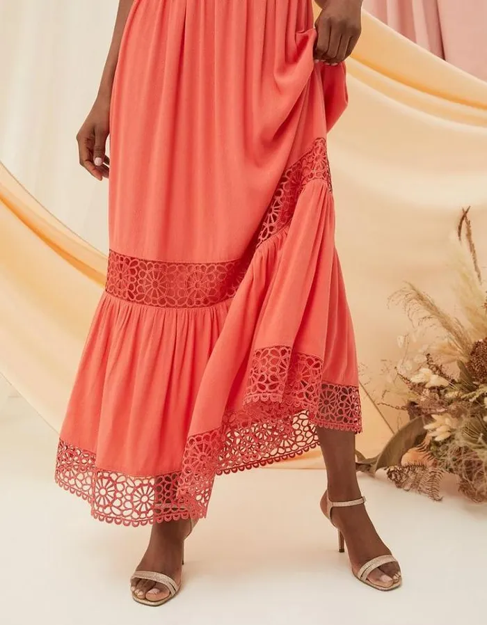 Women FatFace Vacation Shop Hibiscus Lace Maxi Dress Coral Pink