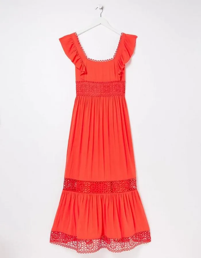 Women FatFace Vacation Shop Hibiscus Lace Maxi Dress Coral Pink