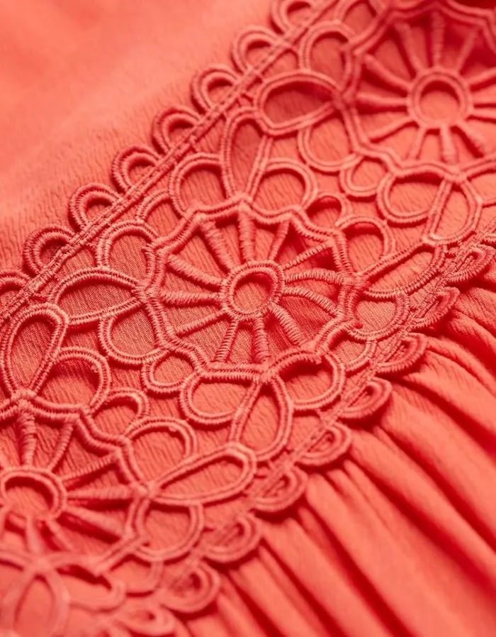 Women FatFace Vacation Shop Hibiscus Lace Maxi Dress Coral Pink