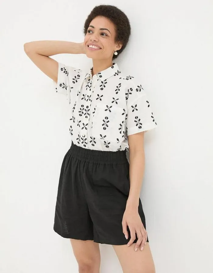 Women FatFace Vacation Shop Tadley Linen Shirred Waist Shorts Black