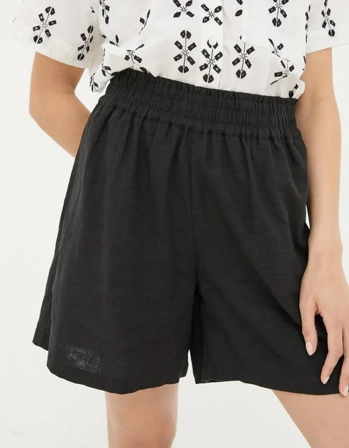 Women FatFace Vacation Shop Tadley Linen Shirred Waist Shorts Black