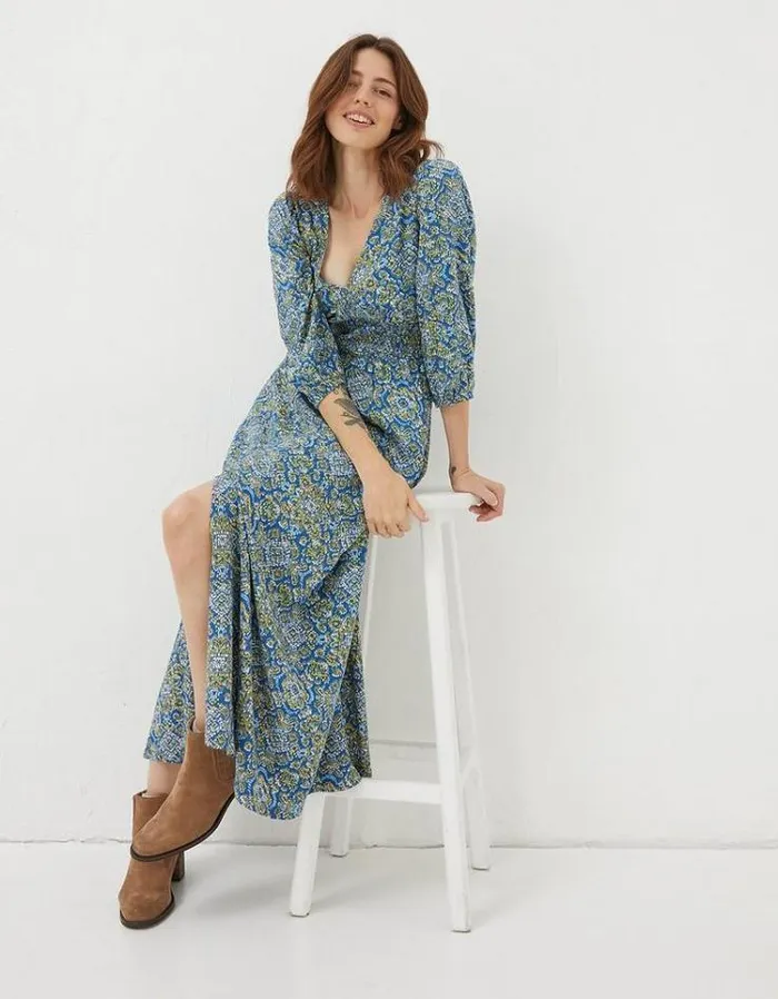 Women FatFace Women039s Sale Rene Aztec Texture Midi Dress Bright Blue