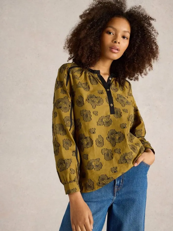 Women Fawn Jacquard Top Green Multi White Stuff Shirts and Blouses