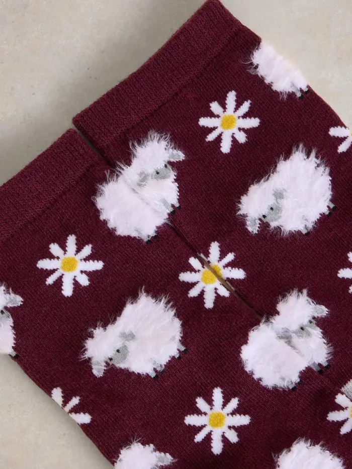 Women Fluffy Sheep Ankle Sock Plum Multi White Stuff Socks