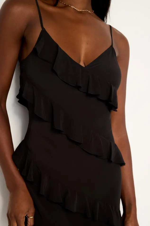 Women GOOD AMERICAN Dresses CHIFFON RUFFLE SLIPDRESS Black001